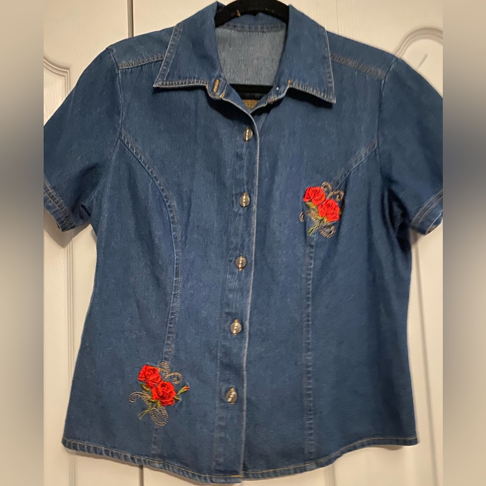 Vintage Denim Shirt with Red Rose Embroidery